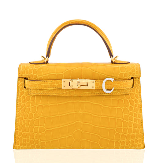 Yellow crocodile skin handbag with gold hardware on a white background, collection-preview