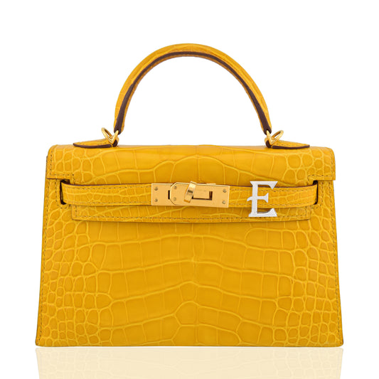 Yellow crocodile skin handbag with gold hardware on a white background, collection-preview