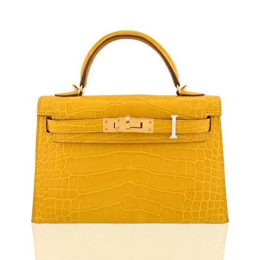 Yellow crocodile skin handbag with gold hardware on a white background, collection-preview