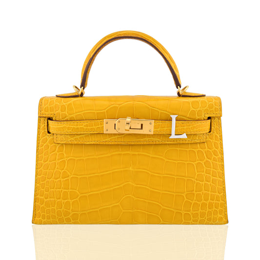 Yellow crocodile skin handbag with gold hardware on a white background, collection-preview