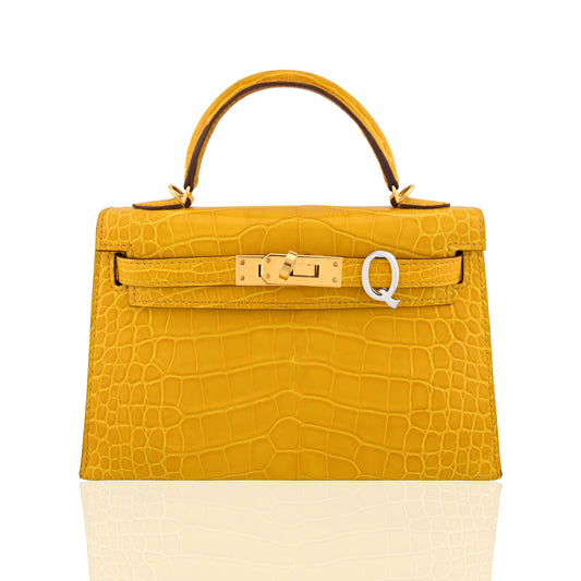 Yellow crocodile-patterned handbag with a gold clasp on a white background, collection-preview