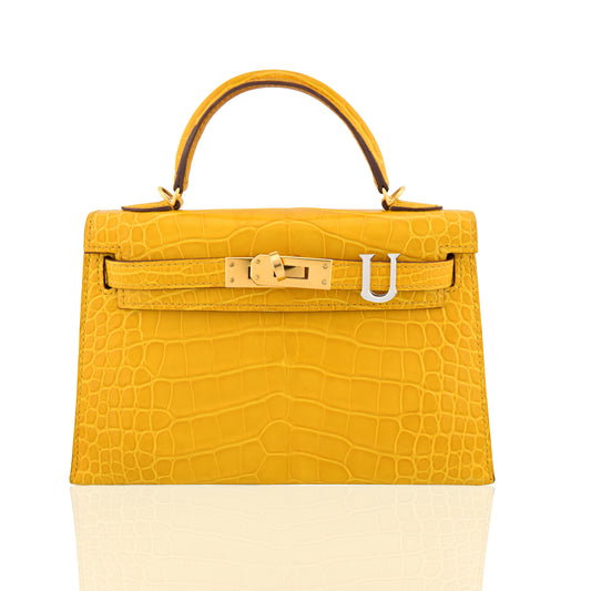 Yellow crocodile skin handbag with gold hardware on a white background, collection-preview