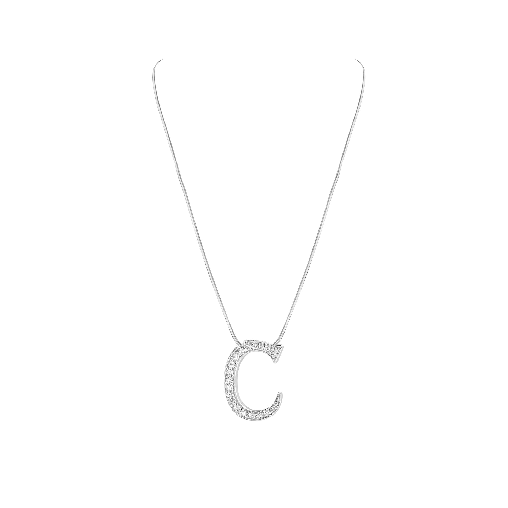 Silver necklace with a 'C' pendant on a white background