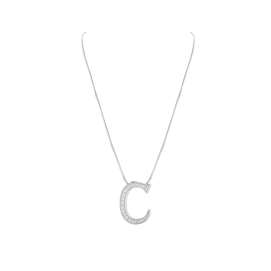 Silver necklace with a 'C' pendant on a white background