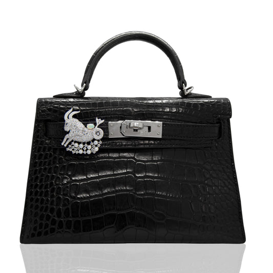 Black crocodile skin handbag with a decorative clasp on a white background, collection-preview