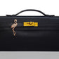 Black leather briefcase with gold clasp and flamingo decoration on a white background, collection-preview.
