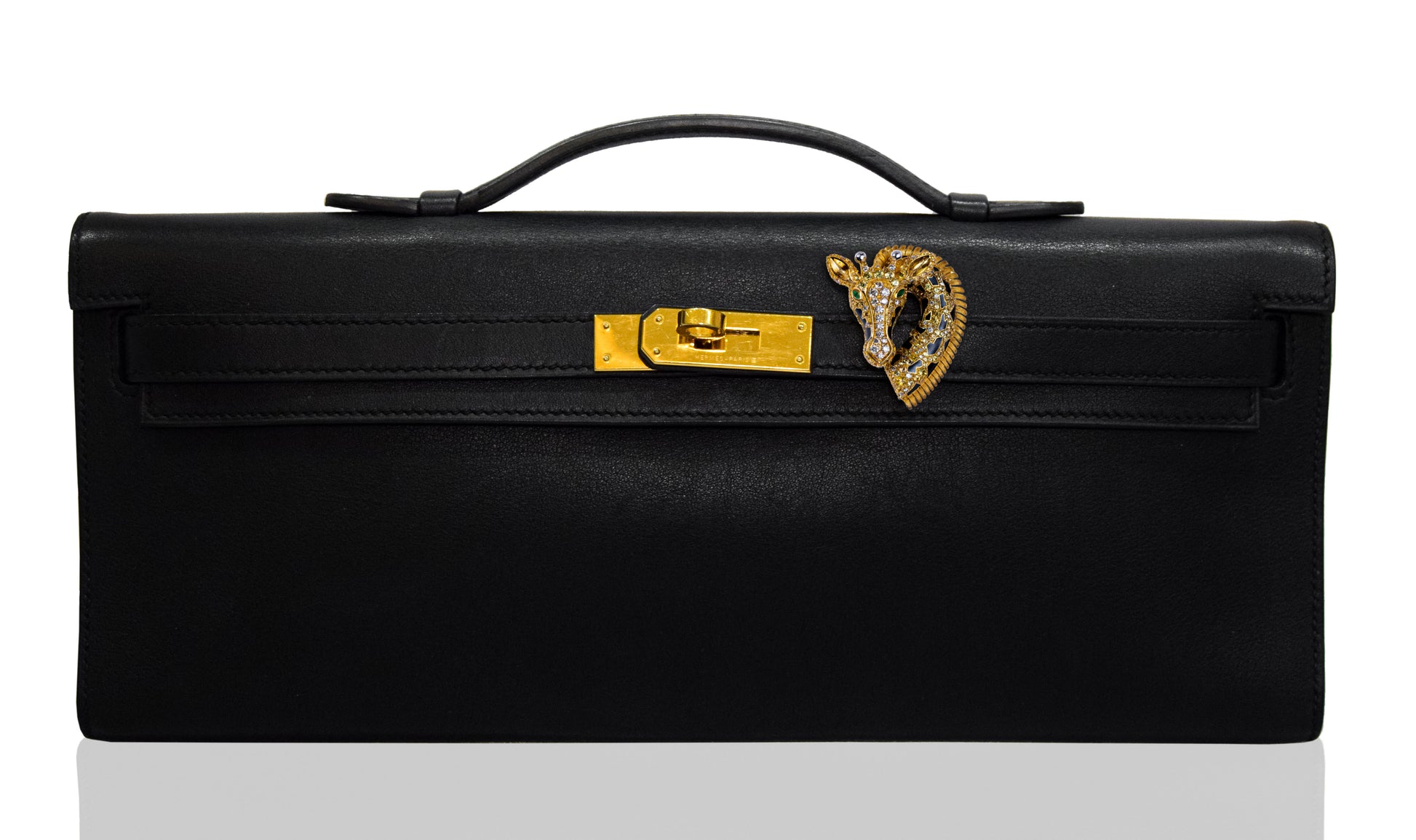Black leather briefcase with gold accents on a white background, collection-preview