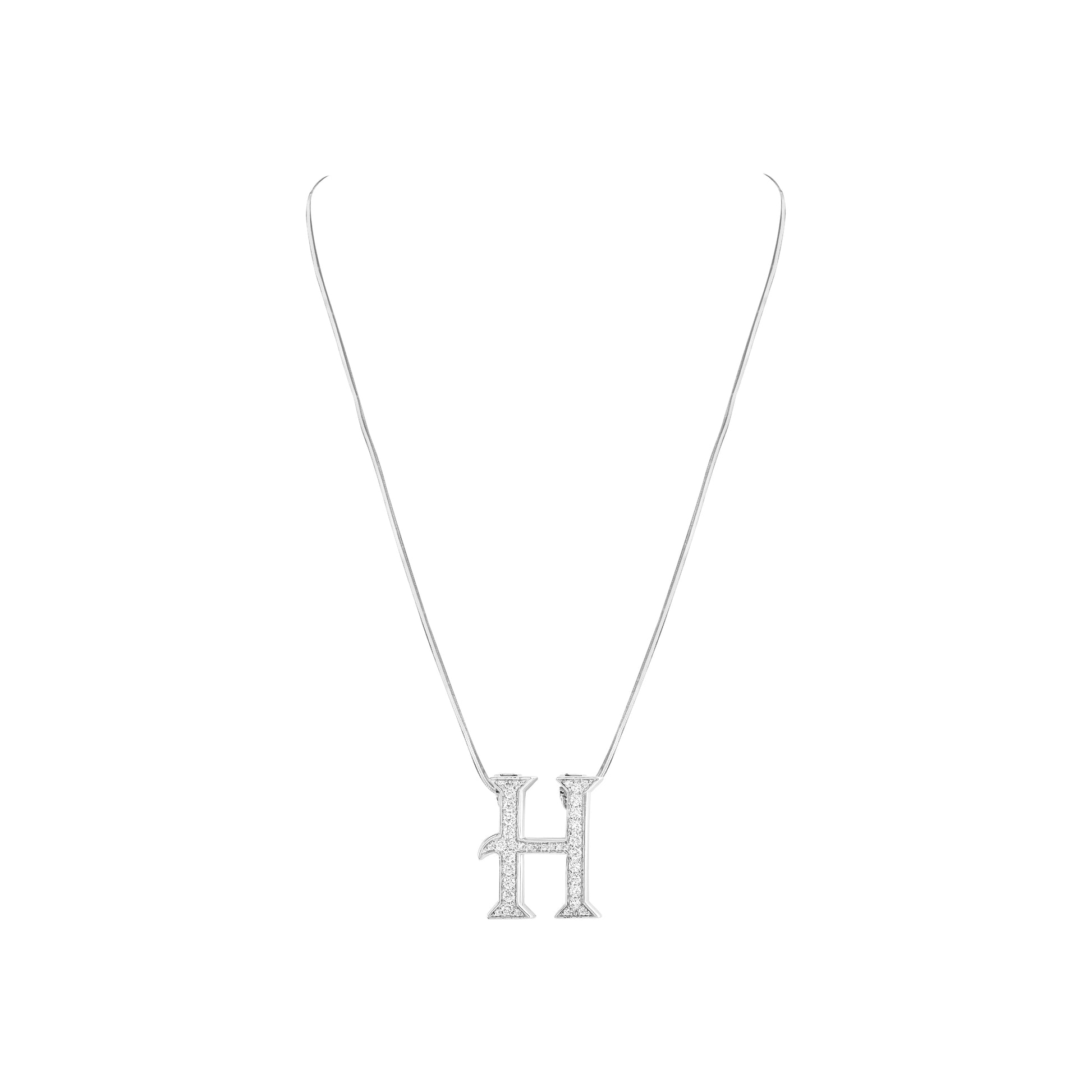 Silver necklace with a 'H' pendant on a white background