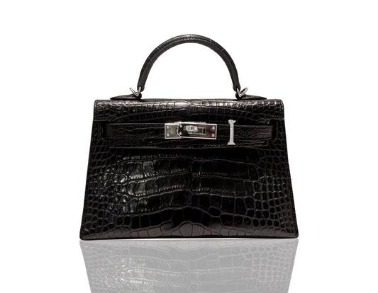 A luxurious handbag with a black exterior and metallic hardware, featuring a crocodile pattern, collection-preview.
