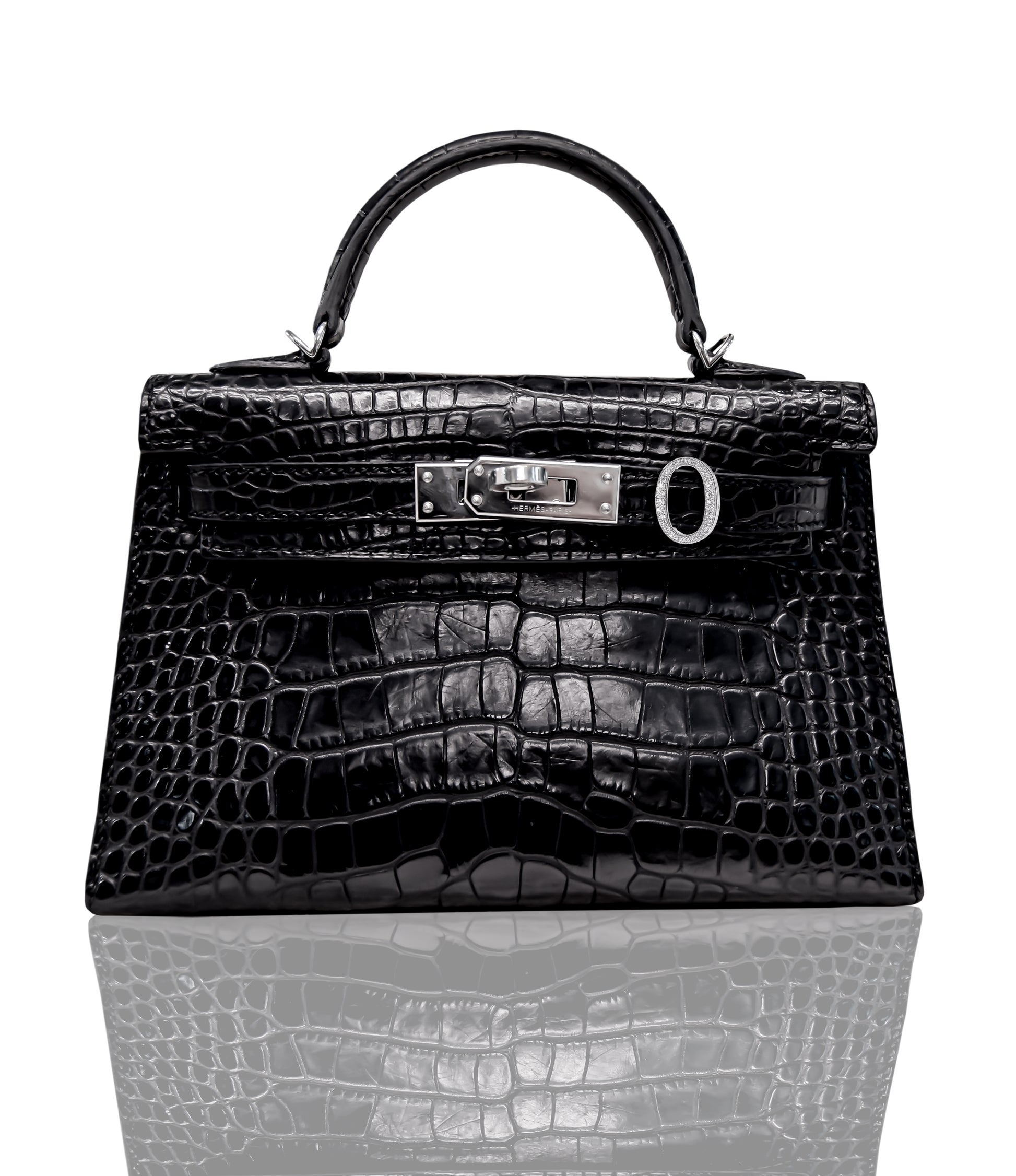 A black handbag with a crocodile pattern and a metallic clasp, collection-preview.