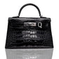 A black handbag with a crocodile pattern and a metallic clasp, resembling a Birkin bag, collection-preview.