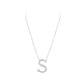 Silver necklace with a letter 'S' pendant on a white background