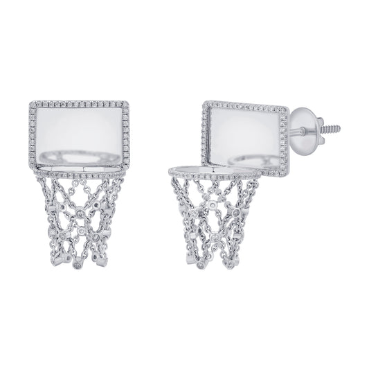 Basketball Hoop Earrings – Diamond Border Backboard – White Gold