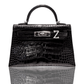 A black crocodile handbag with a 'Z' initial brooch attached to it, resembling a Birkin or Kelly bag, collection-preview.